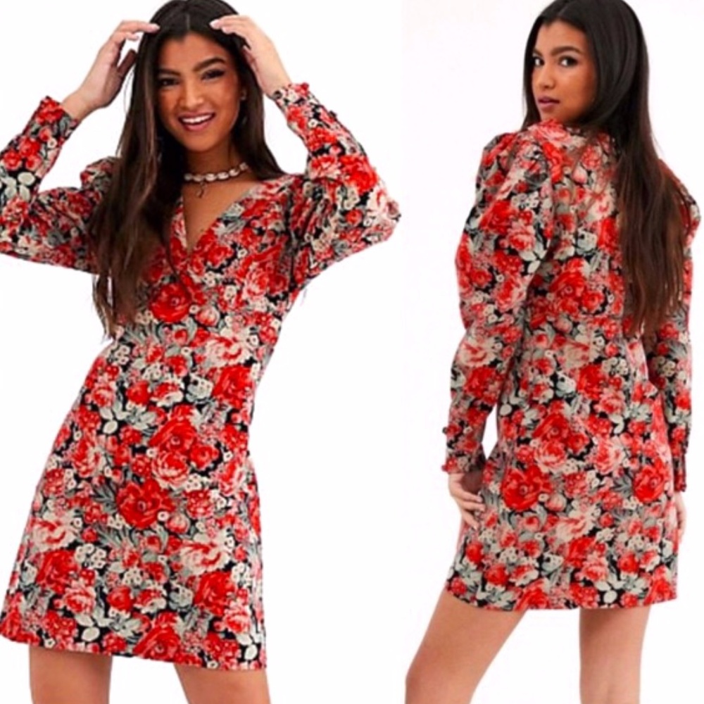 NWT FREE PEOPLE Kapowski Floral Puff-sleeve Mini Dress